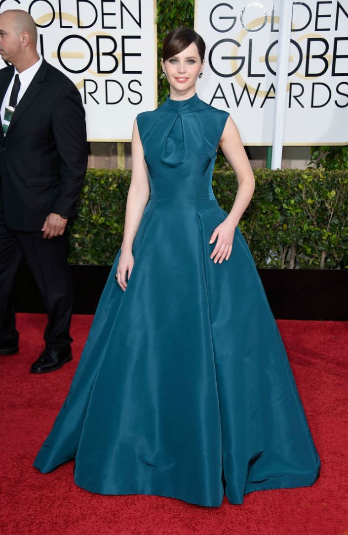felicity-jones-is wearing a custom Dior couture dress Brian Atwood shoes and Van Cleef and Arpel vintage jewelry